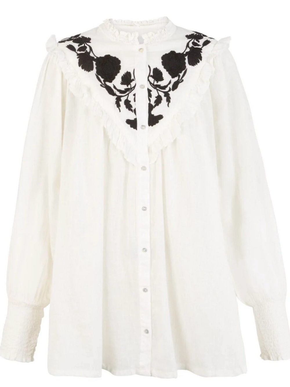 Free People White Button-Front Blouse with Black Floral Embroidery